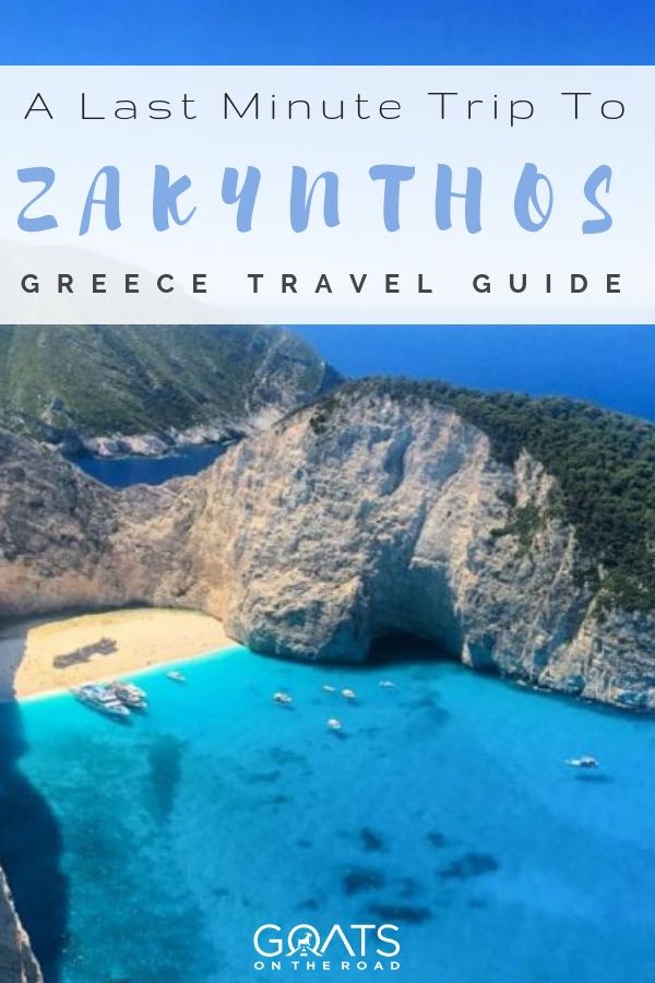 shipwreck beach in Zakynthos Greece with text overlay