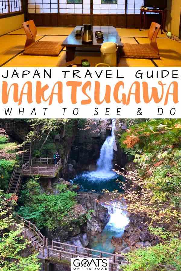 waterfalls with text overlay Japan travel guide nakatsugawa