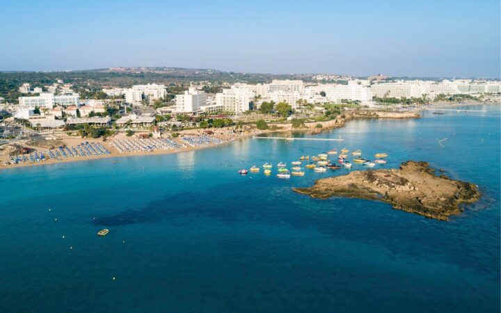 Aerial bird's eye view of Fig Tree Bay in Protaras, Cyprus.